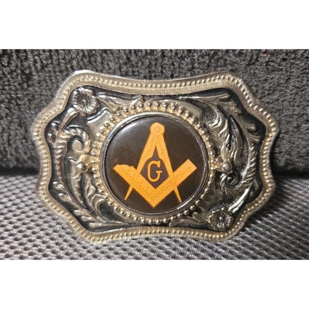 masonic silver and black belt buckle vintage